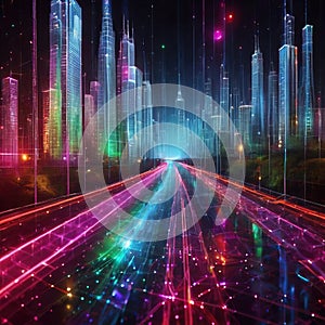 High speed fiber internet data streams leading into populated urban city