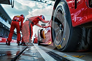 High-speed Formula One race car changing tires in pit stop during intense competition