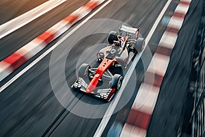 High-Speed Formula One Race Car Racing on Track with Motion Blur Background and Dramatic Lighting