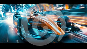 High-Speed Formula Racing Car in a Night Cityscape. Dynamic Motion Blur. Conceptual Sports Image Capturing Speed and