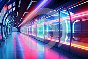 High speed futuristic train with neon glowing carriages at metro station