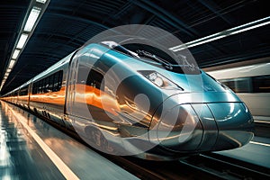 High speed futuristic train rides through a tunnel. Super streamlined train with motion blur moves in tunnel