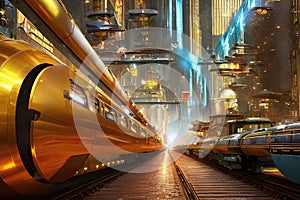 High speed gold train at station and futuristic cityscape sci fi background. Generative AI