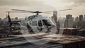 A high speed helicopter hovers mid air over the urban skyscrapers generated by AI