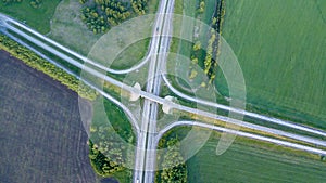 High-speed highway interchange from a bird`s-eye view