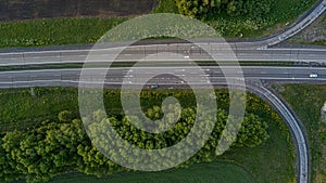 High-speed highway interchange from a bird`s-eye view