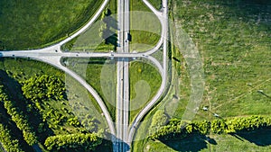 High-speed highway interchange from a bird`s-eye view