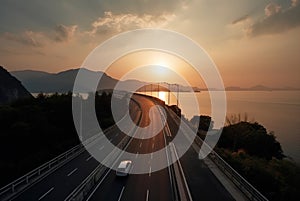 High-speed highway passing along the sea, sunset. Beautiful sunset