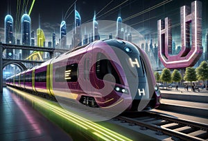 High-speed hydrogen train in the city at night. Concept of fast travel. 3d rendering, generative ai