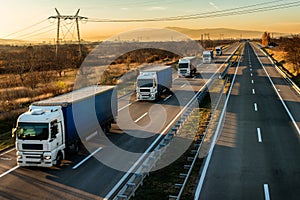 High speed Lorry trucks in line on a country highway at sunset