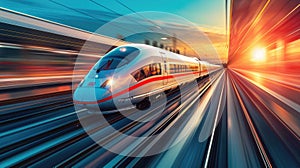 High-Speed Maglev Trains in motion, long exposure shot, futuristic design speeding through vibrant landscapes