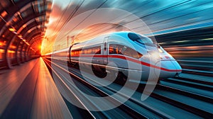 High-Speed Maglev Trains in motion, long exposure shot, futuristic design speeding through vibrant landscapes