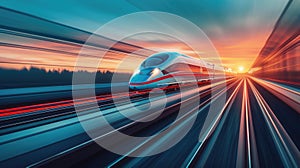 High-Speed Maglev Trains in motion, long exposure shot, futuristic design speeding through vibrant landscapes