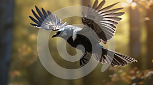 High-speed Magpie Flying In Forest - Vray Tracing Artwork