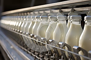 High-speed Milk bottle conveyor. Generate Ai