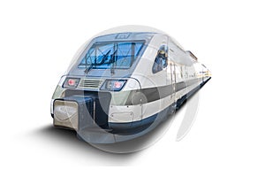 High speed passenger commuter train isolated on white background