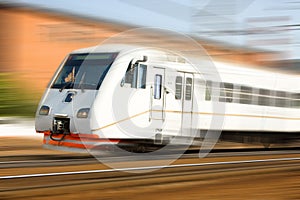 High-speed passenger train in motion