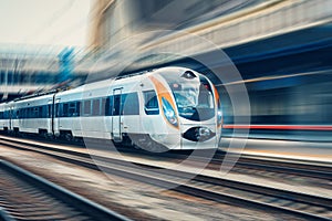 High speed passenger train in motion on railroad