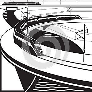 High-speed passenger trains pass river bridge