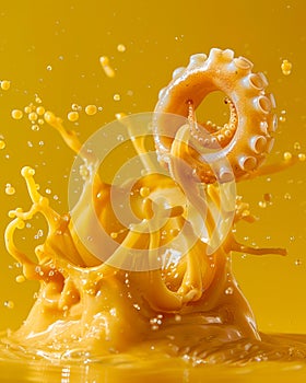 High Speed Photography of Dynamic Orange Juice Splash with Flying Wedge of Lemon and Bubbles on Yellow Background
