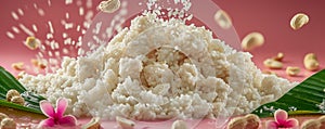 High Speed Photography of Jasmine Rice Explosion on Pink Backdrop with Green Leaves and Flower Accents