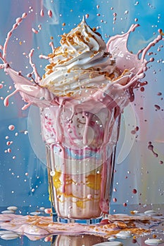 High Speed Photography of Strawberry Milkshake Splashing with Whipped Cream and Caramel Drizzle in a Glass on Blue Background