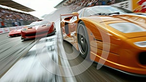 High-speed race cars streaking across the track, leaving a trail of excitement and roaring engines