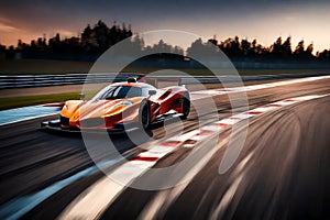 A high-speed racetrack at dusk, capturing the intense motion and exhilaration of a car race photo