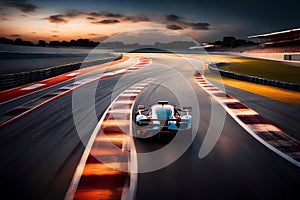 A high-speed racetrack at dusk, capturing the intense motion and exhilaration of a car race photo