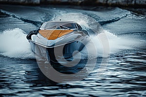 a high-speed racing boat rushes along a smooth river