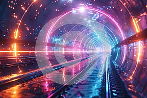 High-speed rail through a neon-lit tunnel