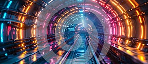 High-speed rail through a neon-lit tunnel