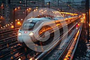 A high-speed railway locomotive is on its way through the city. 3d illustration