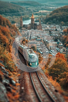 A high-speed railway locomotive is on its way through the city. 3d illustration