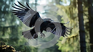 High-speed Raven In Forest: Vray Tracing, Nature-inspired Imagery