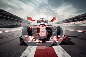 A high-speed red race car zooming around a racetrack, leaving a trail of excitement and adrenaline in its wake, Formula one race