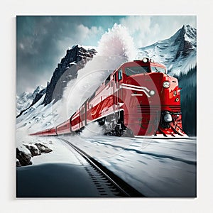 High speed red train hurtling through snow-capped mountain