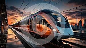 High speed red train with motion blur effect on the railway station at sunset. Landscape. Modern intercity passenger