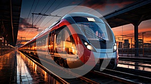 High speed red train with motion blur effect on the railway station at sunset. Landscape. Modern intercity passenger