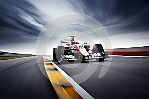 A high-speed shot of a Formula 1 race car rounding a curve on the track