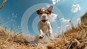 high-speed shot of a jack russell parson dog running towards the camera