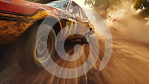 High speed shot of a rally car made from cinematic angle. Fast sports car with speed lines