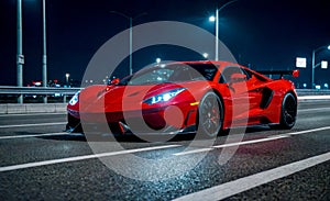 high speed sports car racing on nighttime highway. Blurred motion, powerful headlights, and sleek design capture essence of speed