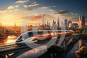 High speed train on the bridge over the Moscow river at sunset