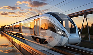 High-speed train on the bridge at sunset. 3d render.