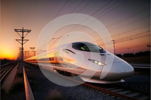 High-speed train in the city at sunset. Transportation concept.