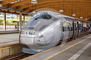 High-speed train Flytoget at Oslo Airport Lufthavn railway station in Norway