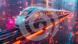 a high speed train is going through a futuristic city at night