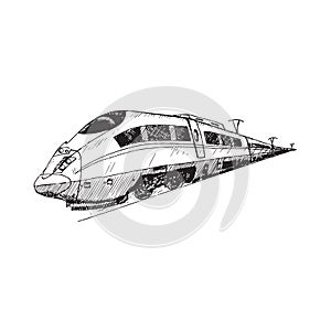 High speed train, hand drawn doodle sketch, isolated outline illustration