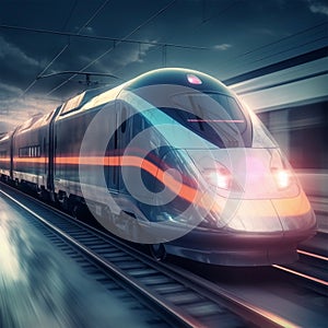 High-speed train at high speed on the railroad. Generative Ai